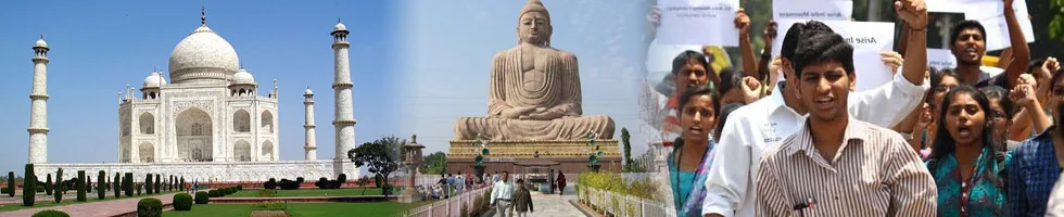 Banner collage: the Taj Mahal, the Great Buddha statue at Bodh Gaya and a crowd of young people with raised hands